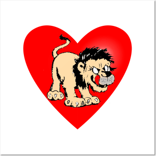 Hungry lion with sticking out tongue and red heart Posters and Art